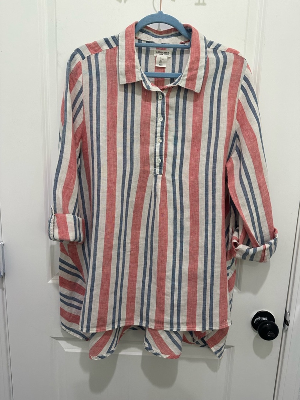 Artisan NY 100% LinenStriped Button Pullover Shirt - Patriotic Red, White & Blue